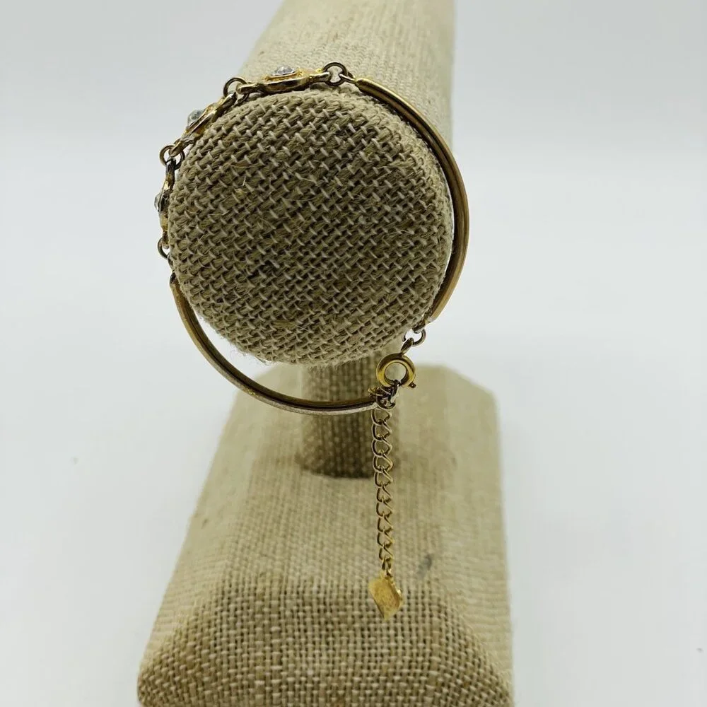 Gold Tone Bracelet With Clear Rhinestones and Heart Charm Vintage